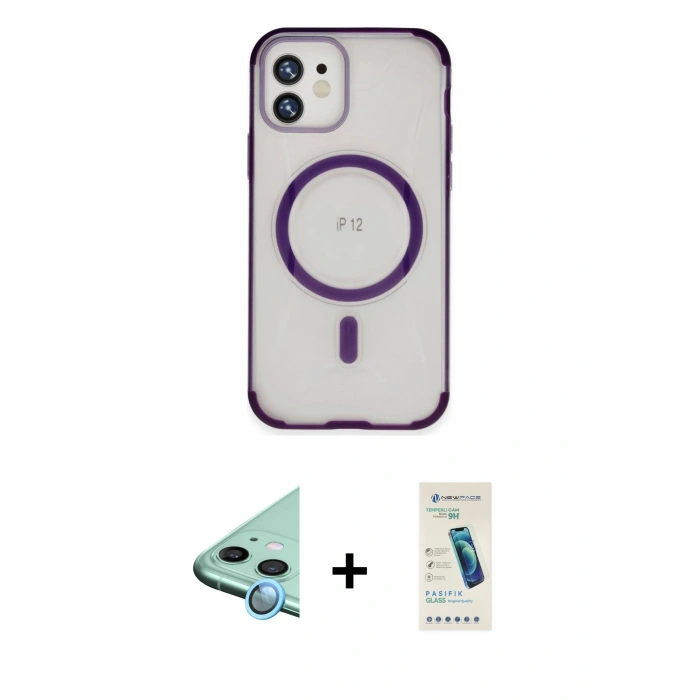 MARSİLYAN™- iPhone 12 Kılıf Eksen Klasik Koleksiyonu - Şeffaf Pasifik Cam Ekran Koruyucu + Raze Metal Kamera Lens - MI