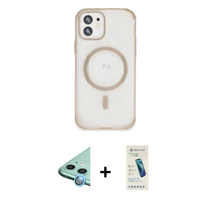MARSİLYAN™- iPhone 12 Kılıf Eksen Klasik Koleksiyonu - Şeffaf Pasifik Cam Ekran Koruyucu + Raze Metal Kamera Lens - MI