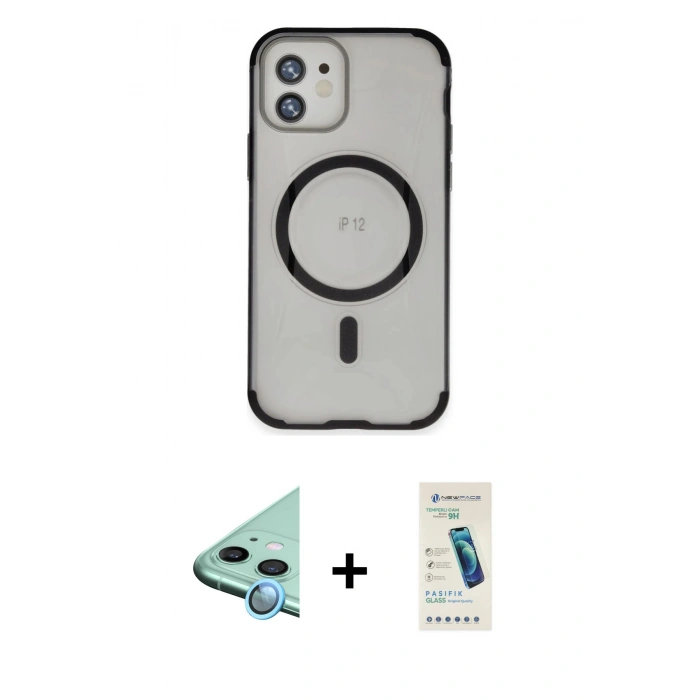 MARSİLYAN™- iPhone 12 Kılıf Eksen Klasik Koleksiyonu - Şeffaf Pasifik Cam Ekran Koruyucu + Raze Metal Kamera Lens - MI