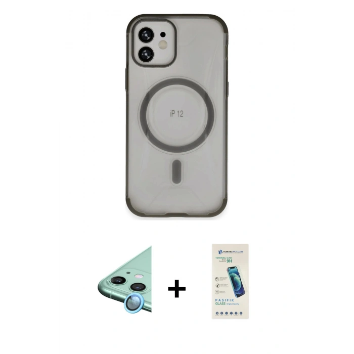 MARSİLYAN™- iPhone 12 Kılıf Eksen Klasik Koleksiyonu - Şeffaf Pasifik Cam Ekran Koruyucu + Raze Metal Kamera Lens - MI