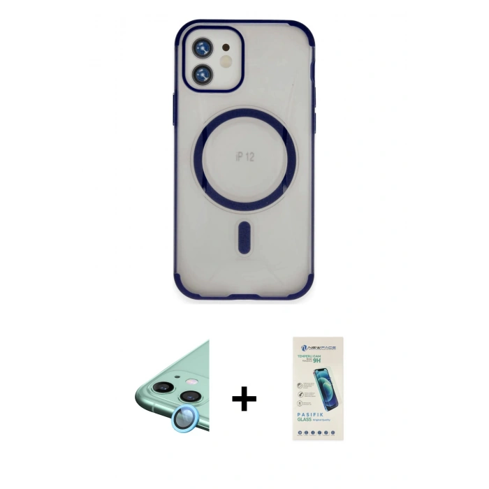 MARSİLYAN™- iPhone 12 Kılıf Eksen Klasik Koleksiyonu - Şeffaf Pasifik Cam Ekran Koruyucu + Raze Metal Kamera Lens - MI