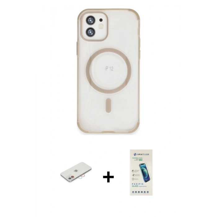 MARSİLYAN™- iPhone 12 Kılıf Eksen Klasik Koleksiyonu - Şeffaf Pasifik Cam Ekran Koruyucu + Renkli Kamera Lens Koruma Cam - PE