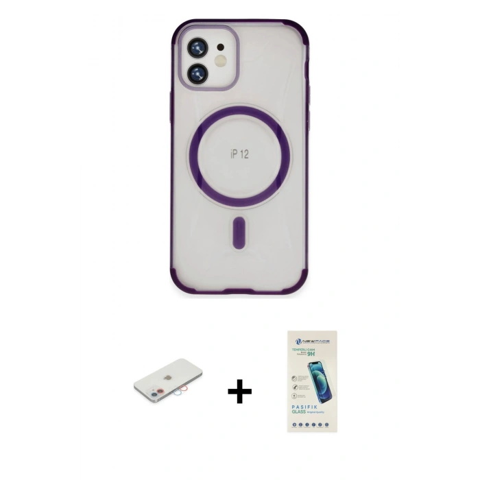 MARSİLYAN™- iPhone 12 Kılıf Eksen Klasik Koleksiyonu - Şeffaf Pasifik Cam Ekran Koruyucu + Renkli Kamera Lens Koruma Cam - PE