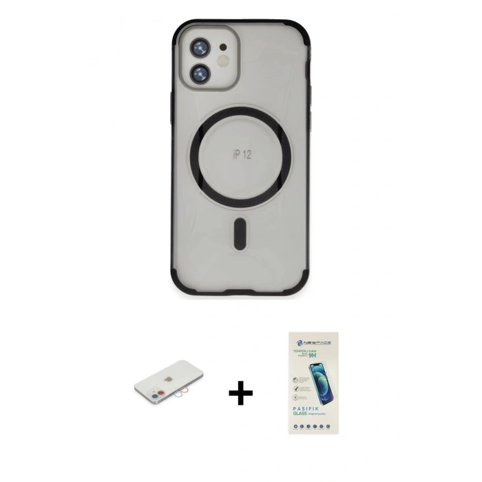MARSİLYAN™- iPhone 12 Kılıf Eksen Klasik Koleksiyonu - Şeffaf Pasifik Cam Ekran Koruyucu + Renkli Kamera Lens Koruma Cam - PE