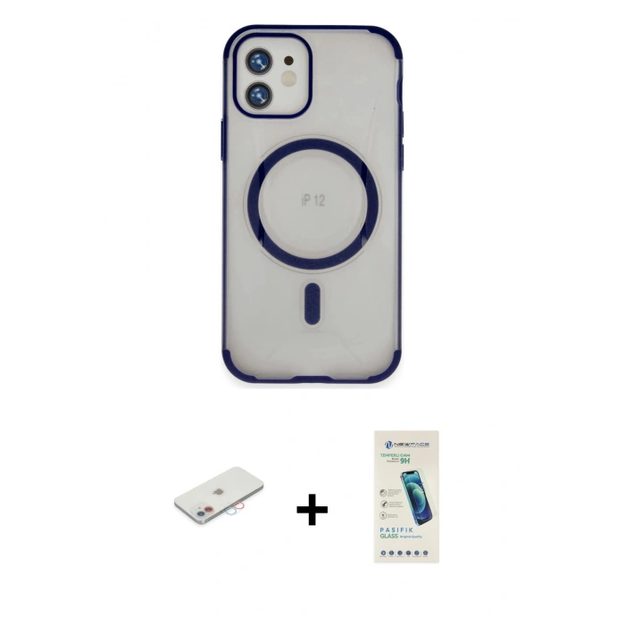 MARSİLYAN™- iPhone 12 Kılıf Eksen Klasik Koleksiyonu - Şeffaf Pasifik Cam Ekran Koruyucu + Renkli Kamera Lens Koruma Cam - PE