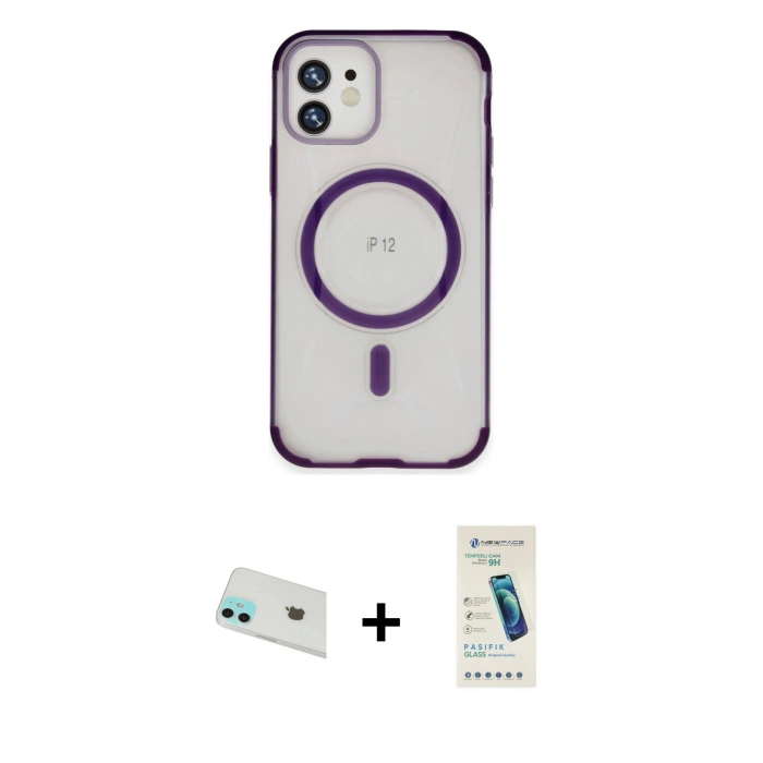 MARSİLYAN™- iPhone 12 Kılıf Eksen Klasik Koleksiyonu - Şeffaf Pasifik Cam Ekran Koruyucu + Rainbow Kamera Lens Koruma Cam - YL