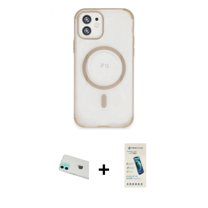 MARSİLYAN™- iPhone 12 Kılıf Eksen Klasik Koleksiyonu - Şeffaf Pasifik Cam Ekran Koruyucu + Rainbow Kamera Lens Koruma Cam - YL