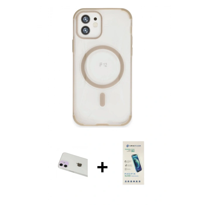 MARSİLYAN™- iPhone 12 Kılıf Eksen Klasik Koleksiyonu - Şeffaf Pasifik Cam Ekran Koruyucu + Rainbow Kamera Lens Koruma Cam - MR