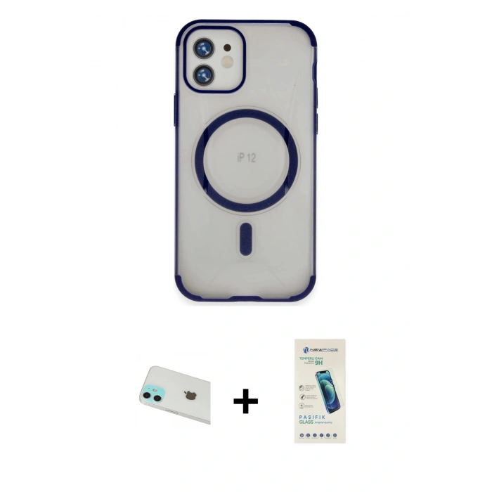 MARSİLYAN™- iPhone 12 Kılıf Eksen Klasik Koleksiyonu - Şeffaf Pasifik Cam Ekran Koruyucu + Rainbow Kamera Lens Koruma Cam - YL