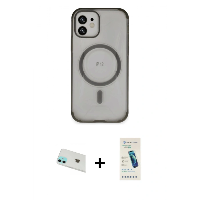 MARSİLYAN™- iPhone 12 Kılıf Eksen Klasik Koleksiyonu - Şeffaf Pasifik Cam Ekran Koruyucu + Rainbow Kamera Lens Koruma Cam - YL