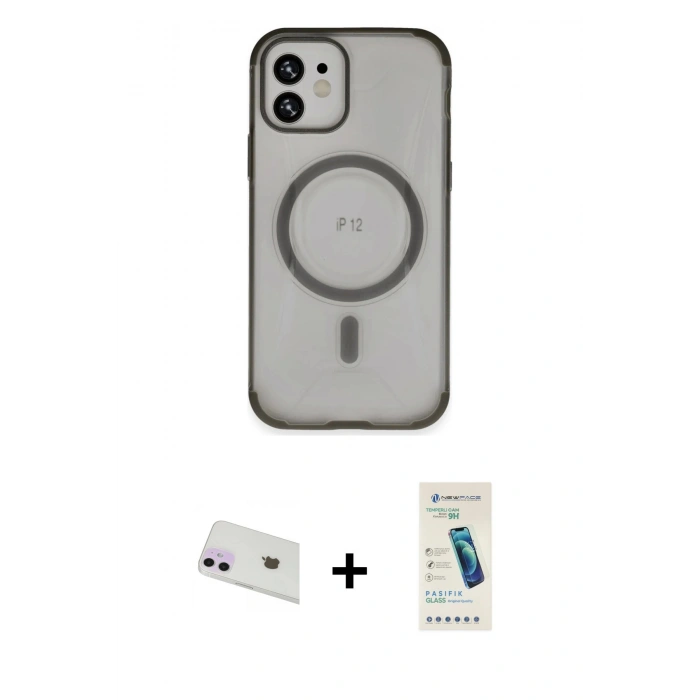 MARSİLYAN™- iPhone 12 Kılıf Eksen Klasik Koleksiyonu - Şeffaf Pasifik Cam Ekran Koruyucu + Rainbow Kamera Lens Koruma Cam - MR