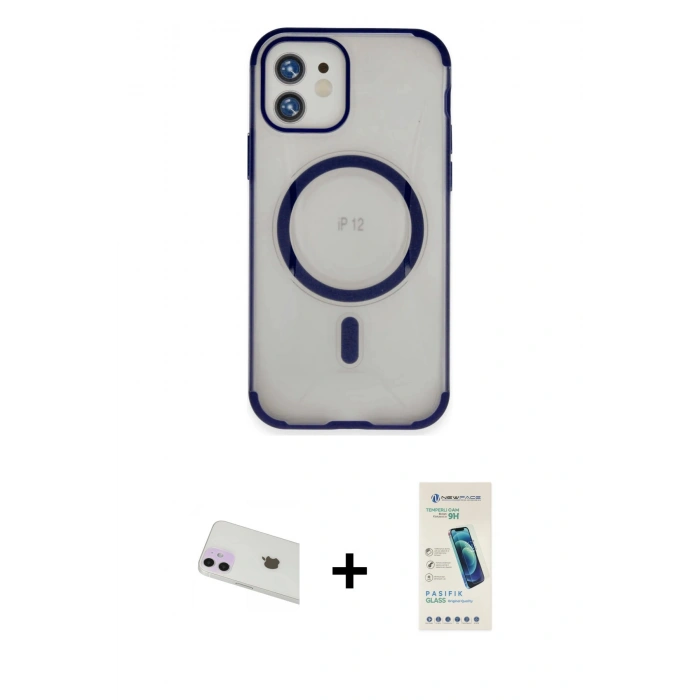 MARSİLYAN™- iPhone 12 Kılıf Eksen Klasik Koleksiyonu - Şeffaf Pasifik Cam Ekran Koruyucu + Rainbow Kamera Lens Koruma Cam - MR