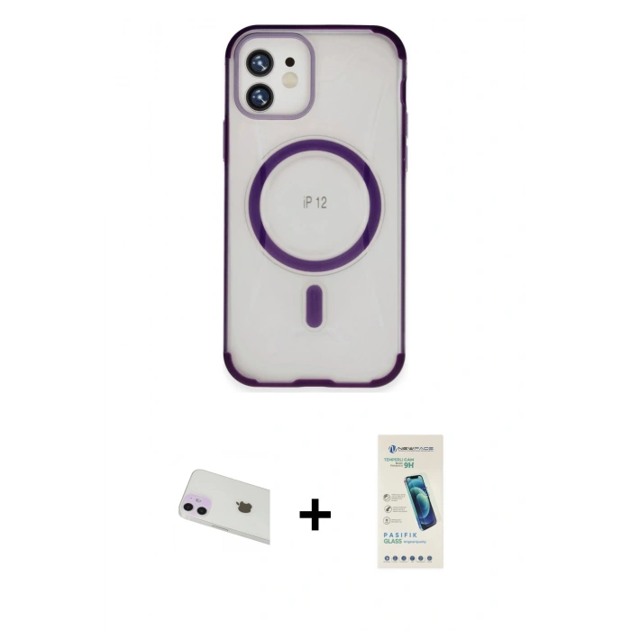 MARSİLYAN™- iPhone 12 Kılıf Eksen Klasik Koleksiyonu - Şeffaf Pasifik Cam Ekran Koruyucu + Rainbow Kamera Lens Koruma Cam - MR