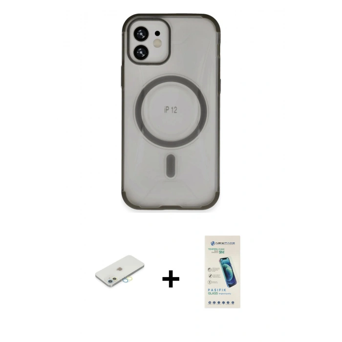 MARSİLYAN™- iPhone 12 Kılıf Eksen Klasik Koleksiyonu - Şeffaf Pasifik Cam Ekran Koruyucu + Renkli Kamera Lens Koruma Cam - SI