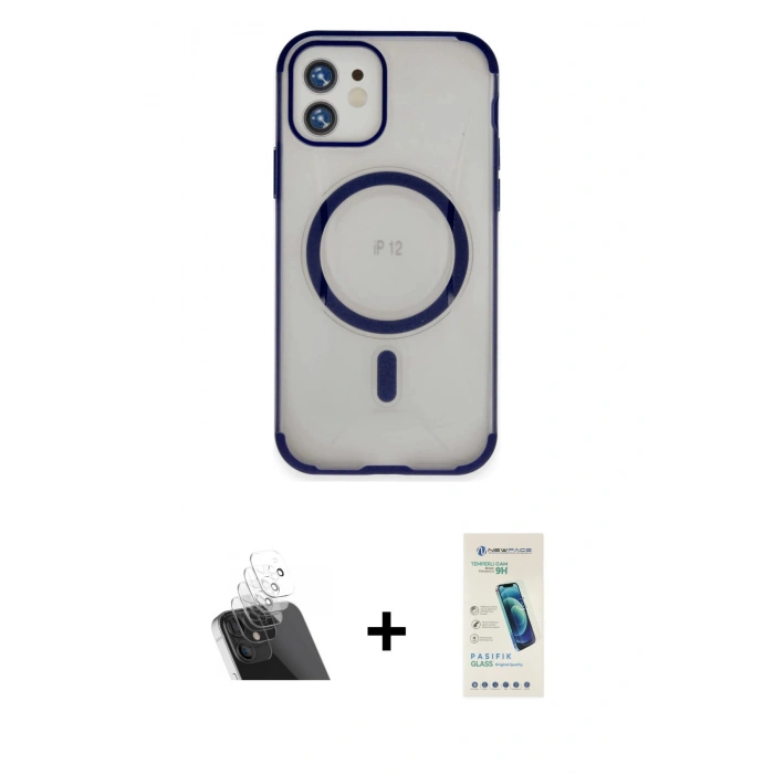 MARSİLYAN™- iPhone 12 Kılıf Eksen Klasik Koleksiyonu - Şeffaf Pasifik Cam Ekran Koruyucu + Kamera Lens Koruma Cam - SF