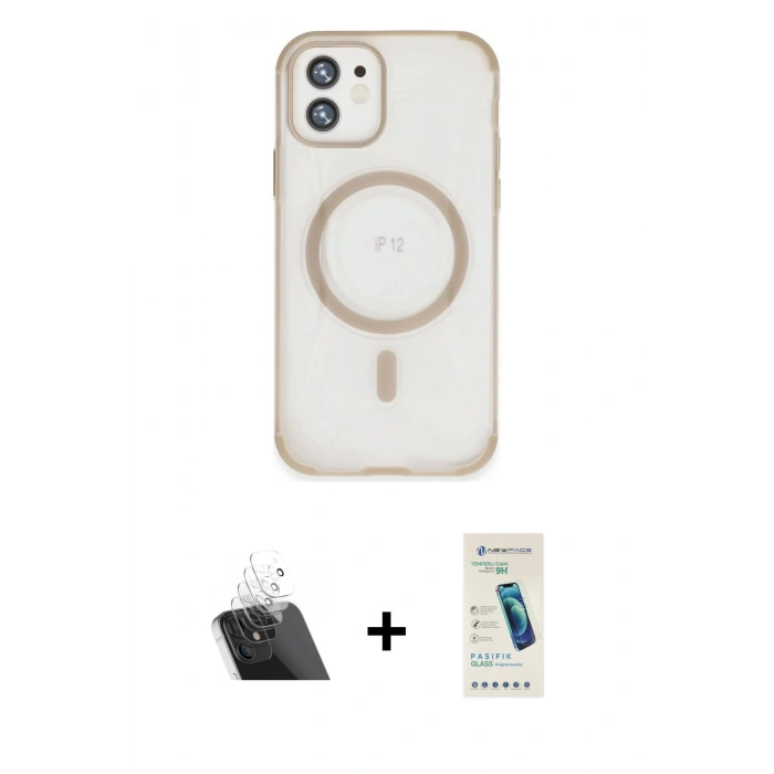 MARSİLYAN™- iPhone 12 Kılıf Eksen Klasik Koleksiyonu - Şeffaf Pasifik Cam Ekran Koruyucu + Kamera Lens Koruma Cam - SF
