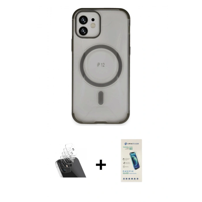 MARSİLYAN™- iPhone 12 Kılıf Eksen Klasik Koleksiyonu - Şeffaf Pasifik Cam Ekran Koruyucu + Kamera Lens Koruma Cam - SF