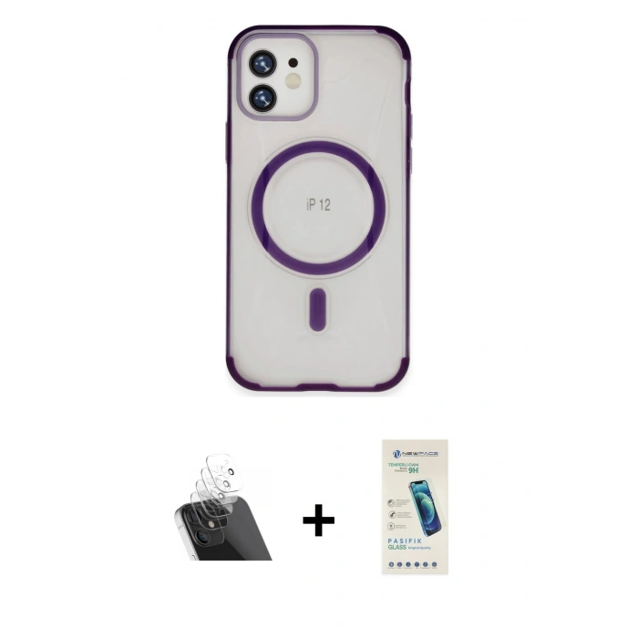 MARSİLYAN™- iPhone 12 Kılıf Eksen Klasik Koleksiyonu - Şeffaf Pasifik Cam Ekran Koruyucu + Kamera Lens Koruma Cam - SF