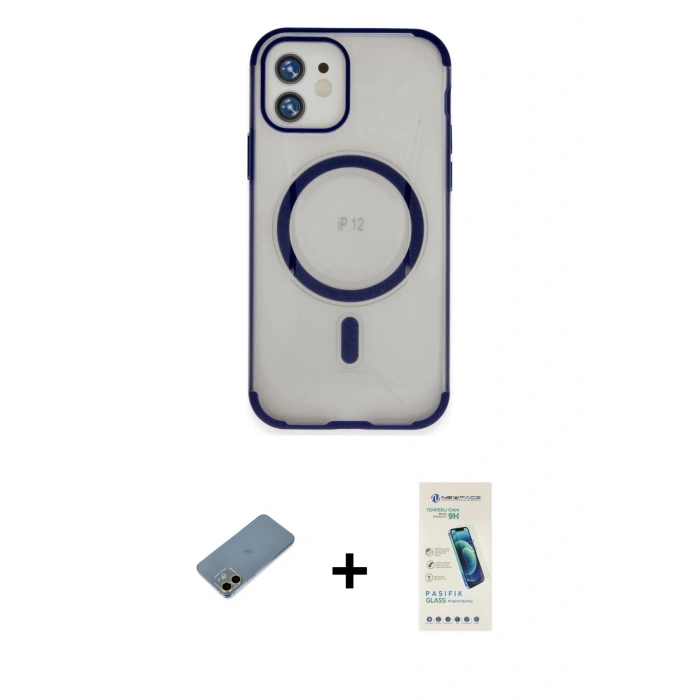 MARSİLYAN™- iPhone 12 Kılıf Eksen Klasik Koleksiyonu - Şeffaf Pasifik Cam Ekran Koruyucu + Shine Kamera Lens Koruma Cam - GD