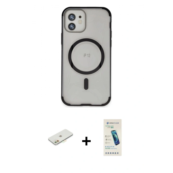 MARSİLYAN™- iPhone 12 Kılıf Eksen Klasik Koleksiyonu - Şeffaf Pasifik Cam Ekran Koruyucu + Renkli Kamera Lens Koruma Cam - TU