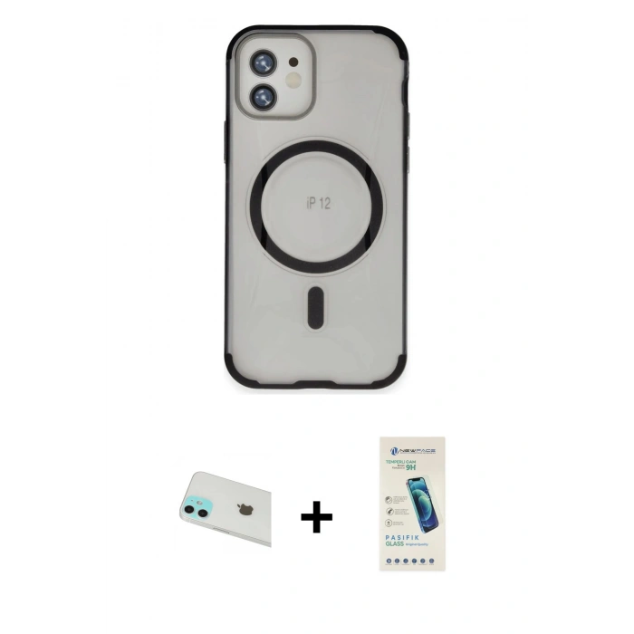 MARSİLYAN™- iPhone 12 Kılıf Eksen Klasik Koleksiyonu - Şeffaf Pasifik Cam Ekran Koruyucu + Rainbow Kamera Lens Koruma Cam - YL