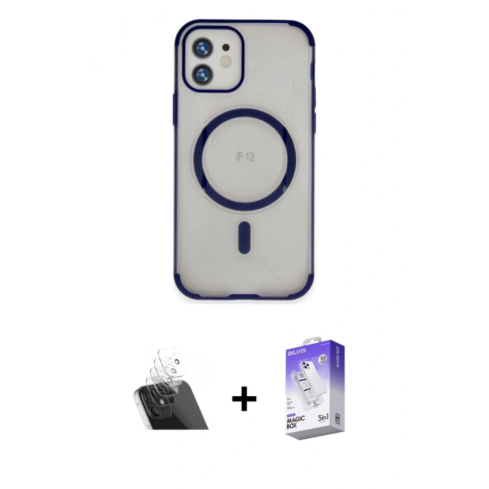 MARSİLYAN™- iPhone 12 Kılıf Eksen Klasik Koleksiyonu - Siyah Bilvis 5in1 3D Magic Cam Ekran Koruyucu + Kamera Lens Koruma Cam - SF