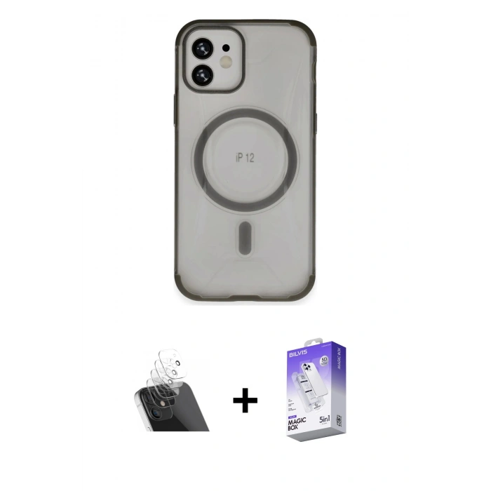 MARSİLYAN™- iPhone 12 Kılıf Eksen Klasik Koleksiyonu - Siyah Bilvis 5in1 3D Magic Cam Ekran Koruyucu + Kamera Lens Koruma Cam - SF