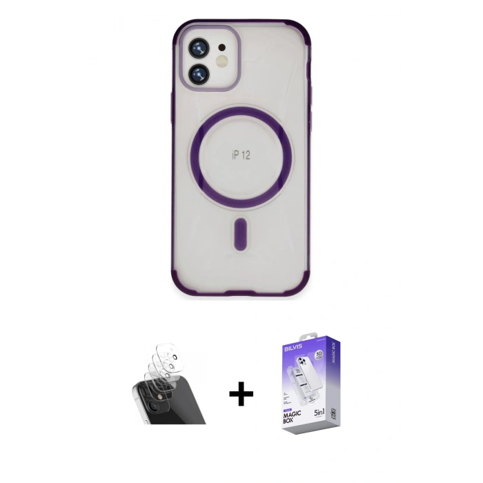 MARSİLYAN™- iPhone 12 Kılıf Eksen Klasik Koleksiyonu - Siyah Bilvis 5in1 3D Magic Cam Ekran Koruyucu + Kamera Lens Koruma Cam - SF