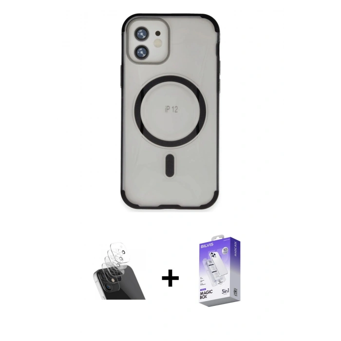 MARSİLYAN™- iPhone 12 Kılıf Eksen Klasik Koleksiyonu - Siyah Bilvis 5in1 3D Magic Cam Ekran Koruyucu + Kamera Lens Koruma Cam - SF