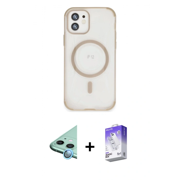 MARSİLYAN™- iPhone 12 Kılıf Eksen Klasik Koleksiyonu - Siyah Bilvis 5in1 3D Magic Cam Ekran Koruyucu + Raze Metal Kamera Lens - MI