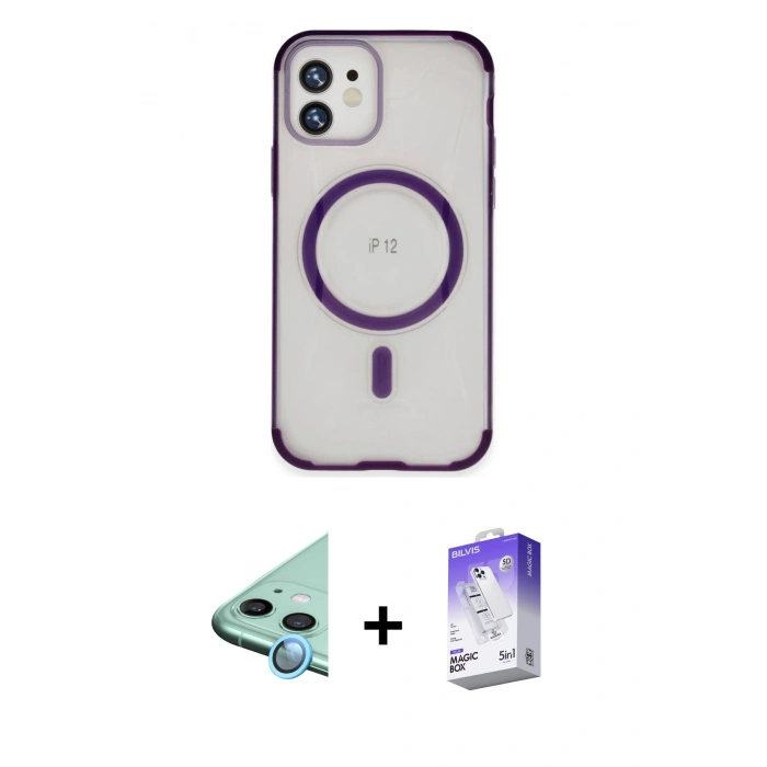 MARSİLYAN™- iPhone 12 Kılıf Eksen Klasik Koleksiyonu - Siyah Bilvis 5in1 3D Magic Cam Ekran Koruyucu + Raze Metal Kamera Lens - MI