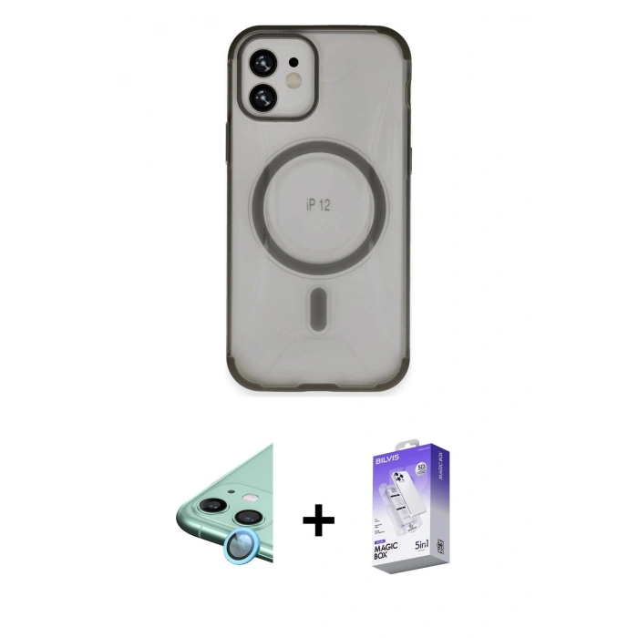 MARSİLYAN™- iPhone 12 Kılıf Eksen Klasik Koleksiyonu - Siyah Bilvis 5in1 3D Magic Cam Ekran Koruyucu + Raze Metal Kamera Lens - MI
