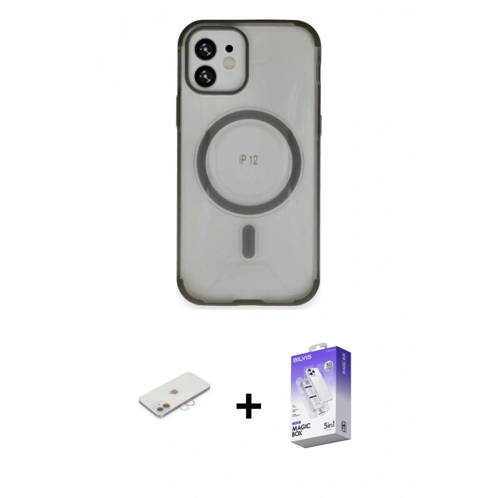 MARSİLYAN™- iPhone 12 Kılıf Eksen Klasik Koleksiyonu - Siyah Bilvis 5in1 3D Magic Cam Ekran Koruyucu + Pembe Renkli Kamera Lens Koruma Cam