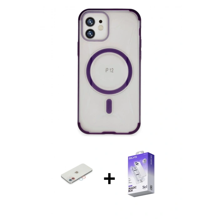MARSİLYAN™- iPhone 12 Kılıf Eksen Klasik Koleksiyonu - Siyah Bilvis 5in1 3D Magic Cam Ekran Koruyucu + Pembe Renkli Kamera Lens Koruma Cam
