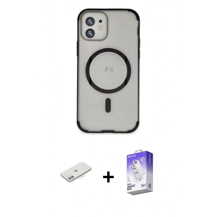 MARSİLYAN™- iPhone 12 Kılıf Eksen Klasik Koleksiyonu - Siyah Bilvis 5in1 3D Magic Cam Ekran Koruyucu + Pembe Renkli Kamera Lens Koruma Cam