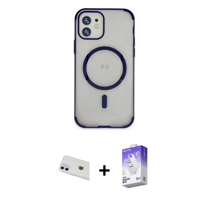 MARSİLYAN™- iPhone 12 Kılıf Eksen Klasik Koleksiyonu - Siyah Bilvis 5in1 3D Magic Cam Ekran Koruyucu + Rainbow Kamera Lens Koruma Cam - MR