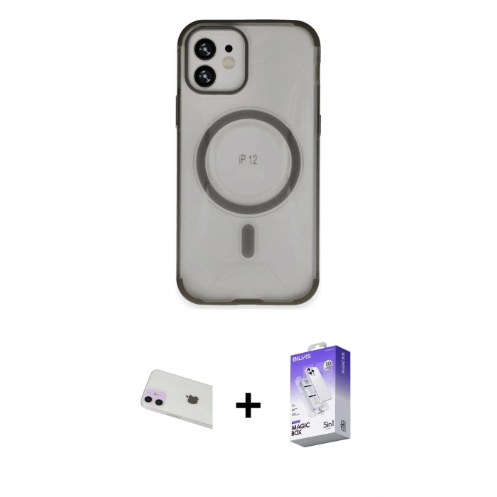 MARSİLYAN™- iPhone 12 Kılıf Eksen Klasik Koleksiyonu - Siyah Bilvis 5in1 3D Magic Cam Ekran Koruyucu + Rainbow Kamera Lens Koruma Cam - MR