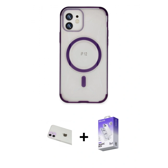 MARSİLYAN™- iPhone 12 Kılıf Eksen Klasik Koleksiyonu - Siyah Bilvis 5in1 3D Magic Cam Ekran Koruyucu + Rainbow Kamera Lens Koruma Cam - MR