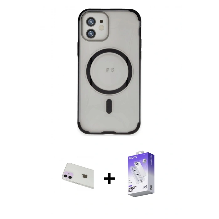 MARSİLYAN™- iPhone 12 Kılıf Eksen Klasik Koleksiyonu - Siyah Bilvis 5in1 3D Magic Cam Ekran Koruyucu + Rainbow Kamera Lens Koruma Cam - MR