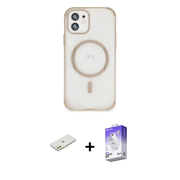 MARSİLYAN™- iPhone 12 Kılıf Eksen Klasik Koleksiyonu - Siyah Bilvis 5in1 3D Magic Cam Ekran Koruyucu + Renkli Kamera Lens Koruma Cam - TU