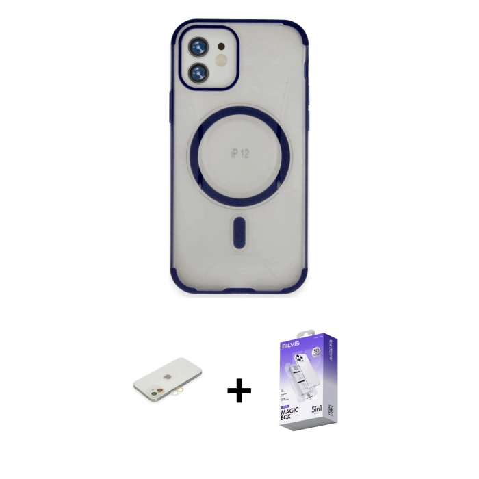 MARSİLYAN™- iPhone 12 Kılıf Eksen Klasik Koleksiyonu - Siyah Bilvis 5in1 3D Magic Cam Ekran Koruyucu + Renkli Kamera Lens Koruma Cam - TU
