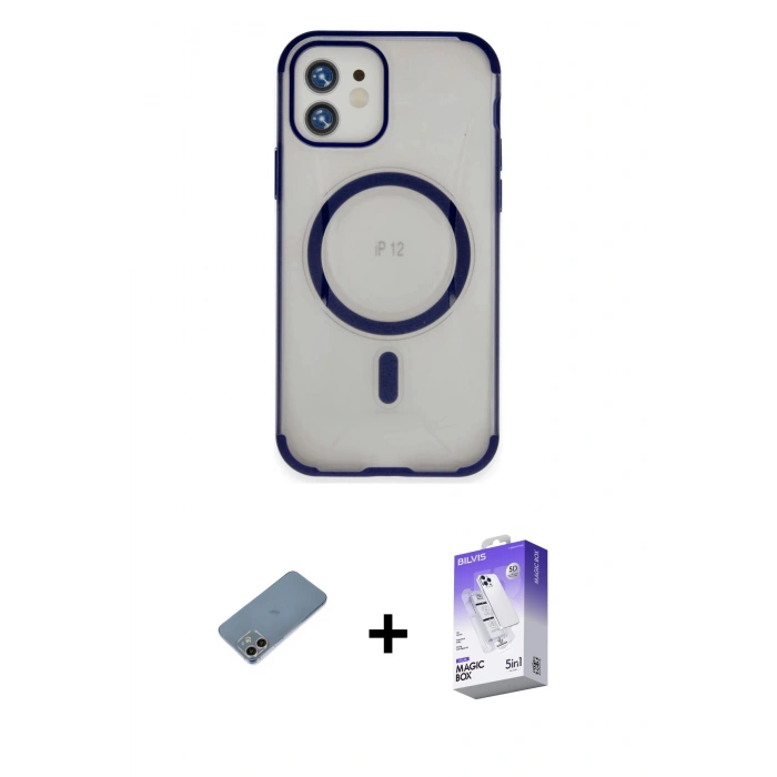 MARSİLYAN™- iPhone 12 Kılıf Eksen Klasik Koleksiyonu - Siyah Bilvis 5in1 3D Magic Cam Ekran Koruyucu + Shine Kamera Lens Koruma Cam - GI