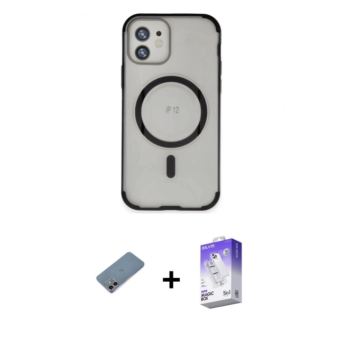 MARSİLYAN™- iPhone 12 Kılıf Eksen Klasik Koleksiyonu - Siyah Bilvis 5in1 3D Magic Cam Ekran Koruyucu + Shine Kamera Lens Koruma Cam - GI