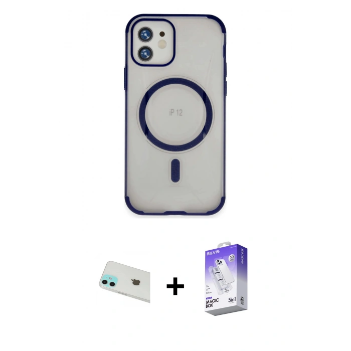 MARSİLYAN™- iPhone 12 Kılıf Eksen Klasik Koleksiyonu - Siyah Bilvis 5in1 3D Magic Cam Ekran Koruyucu + Rainbow Kamera Lens Koruma Cam - YL