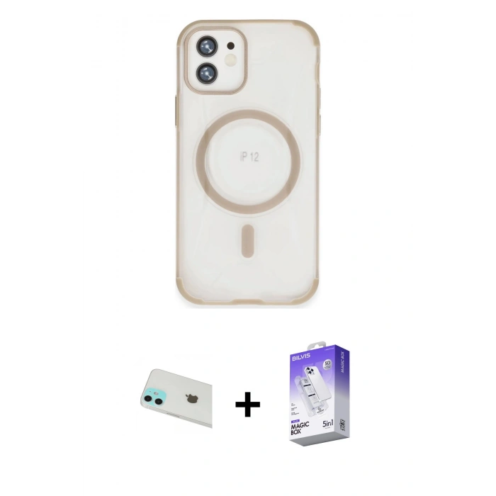 MARSİLYAN™- iPhone 12 Kılıf Eksen Klasik Koleksiyonu - Siyah Bilvis 5in1 3D Magic Cam Ekran Koruyucu + Rainbow Kamera Lens Koruma Cam - YL