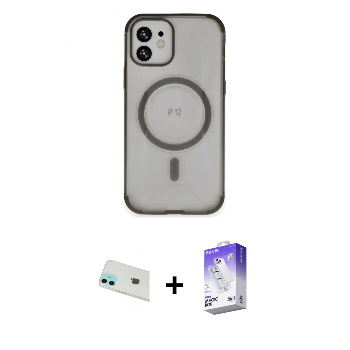 MARSİLYAN™- iPhone 12 Kılıf Eksen Klasik Koleksiyonu - Siyah Bilvis 5in1 3D Magic Cam Ekran Koruyucu + Rainbow Kamera Lens Koruma Cam - YL