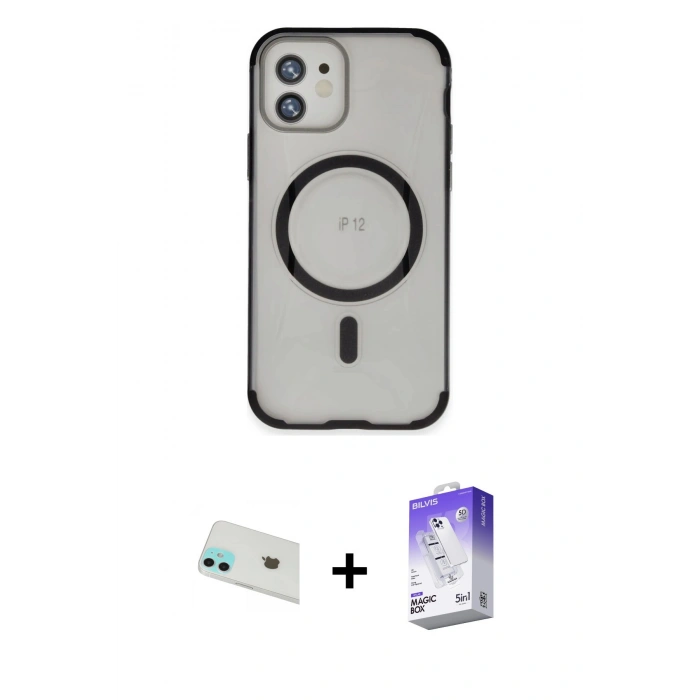 MARSİLYAN™- iPhone 12 Kılıf Eksen Klasik Koleksiyonu - Siyah Bilvis 5in1 3D Magic Cam Ekran Koruyucu + Rainbow Kamera Lens Koruma Cam - YL
