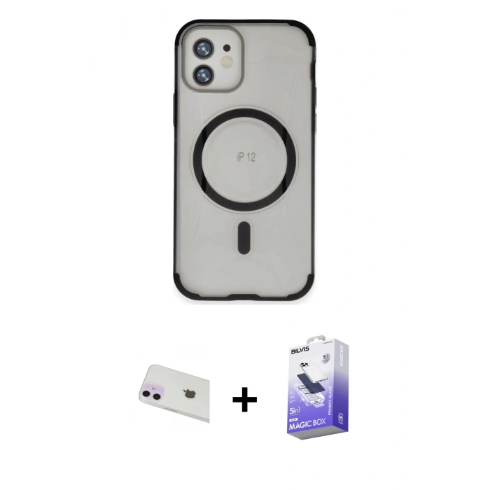 MARSİLYAN™- iPhone 12 Kılıf Eksen Klasik Koleksiyonu - Siyah Bilvis 5in1 5D Magic Hayalet Cam Ekran Koruyucu + Rainbow Kamera Lens Koruma Cam - MR