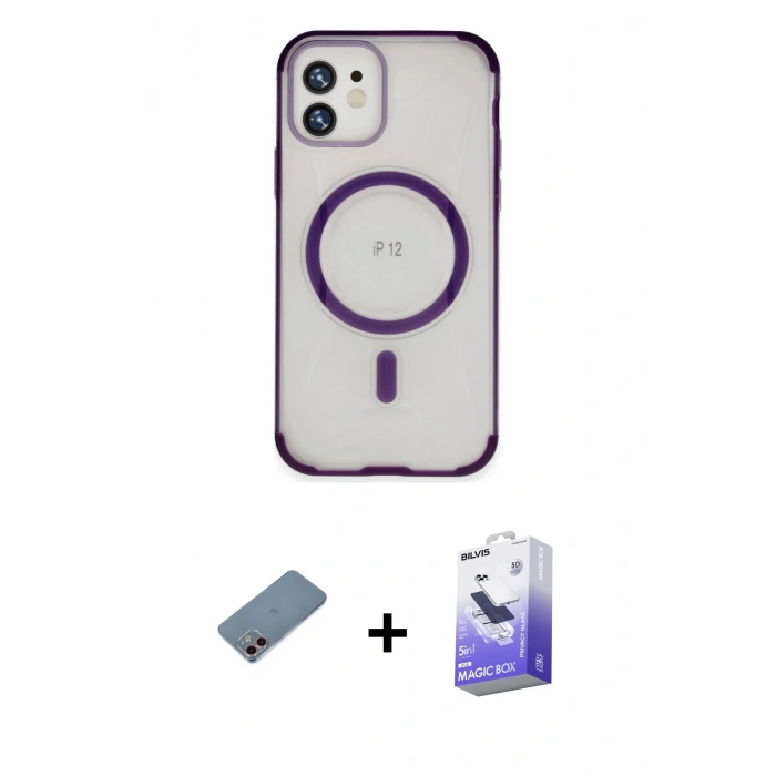 MARSİLYAN™- iPhone 12 Kılıf Eksen Klasik Koleksiyonu - Siyah Bilvis 5in1 5D Magic Hayalet Cam Ekran Koruyucu + Shine Kamera Lens Koruma Cam - PE