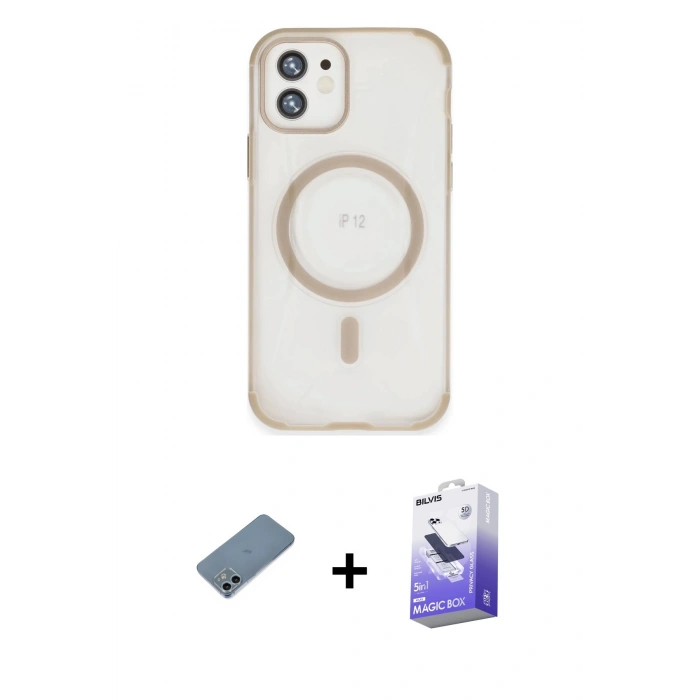 MARSİLYAN™- iPhone 12 Kılıf Eksen Klasik Koleksiyonu - Siyah Bilvis 5in1 5D Magic Hayalet Cam Ekran Koruyucu + Shine Kamera Lens Koruma Cam - SABE